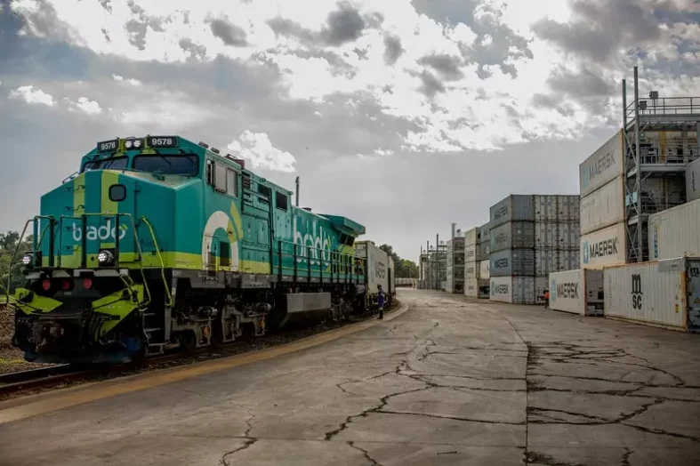 Trem da Brado faz transporte de frango congelado em contêineres reefer (refrigerado).