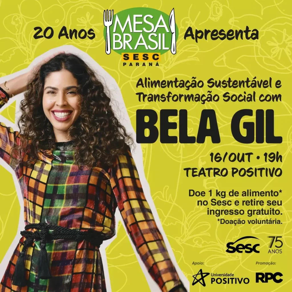 Bela Gil abre programação comemorativa aos 20 anos do Mesa Brasil Sesc PR nesta segunda-feira (16)