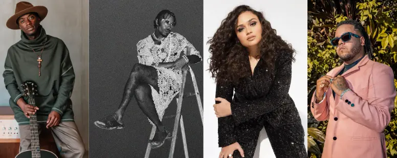 Na ordem - Jota.pê, Hodari (crédito: @sofiarromani), Luiza Martins e Vulgo FK (crédito: Suburbano) se apresentam na Casa São Paulo, no SXSW - Divulgação/Som Livre