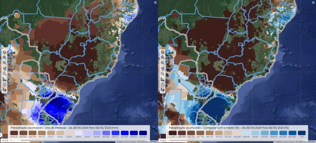 Seca na Zona da Safrinha e chuvas no Rio Grande do Sul EarthDaily Agro / Divulgação