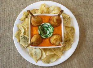 Anita Bar - Trouxinha de frango na piscina de cheddar. Acompanha pepino agridoce especial da casa e chips de batata. Crédito da foto: Marta Souza