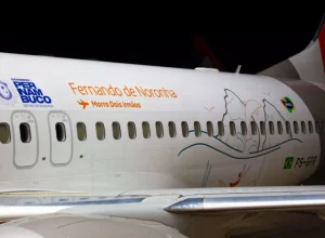 Na lateral do Boeing 737 MAX 8 da GOL, elementos noronhenses, como o Morro Dois Irmãos e os tradicionais golfinhos, em destaque (Foto: Thiago Amato / Divulgação GOL)