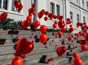 Shopping se enche de balões de corações no Dia dos Namorados